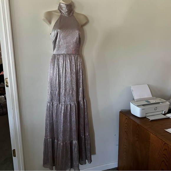 AQUA METALLIC MOCK NECK EVENING DRESS (AAAA) - Picture 5 of 8